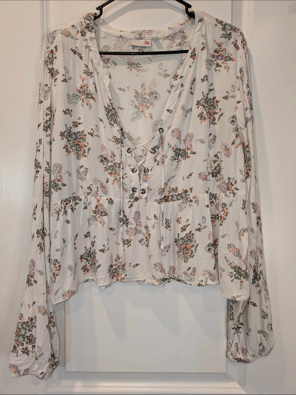 SO Floral Lace Up Peplum Boho Blouse Large Long Sleeve Cottagecore Top